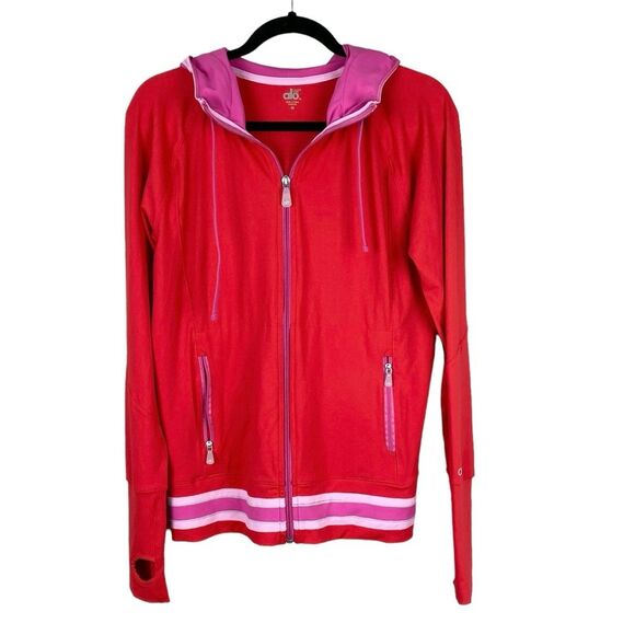 Alo Yoga Womens Red Hooded Jacket M Pink Stripe Trim Athletic Full Zip Athletic - Picture 1 of 10